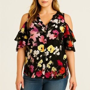 & Other Stories Floral Ruffle Cold Shoulder Button Down Blouse